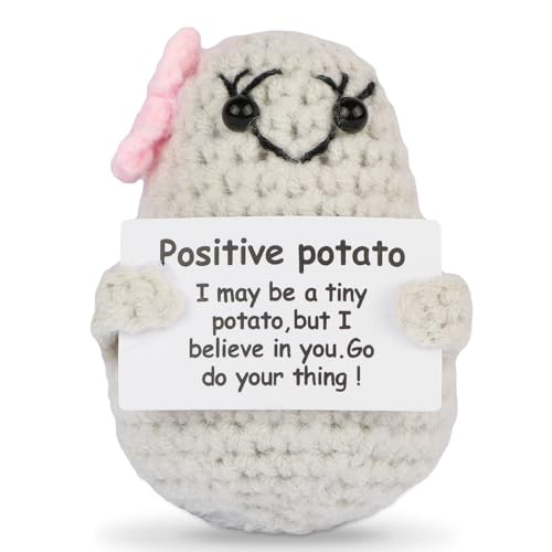 Hoedia Handmade Emotional Pickle Gift, Emotional Cucumber Crochet Doll Inspirational Gifts with Cards, Cute Knitted Funny Support Pickle Potato Friend Birthday (Potato with Bowknot)