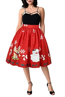 Meenew Women's Elastic Flared Pleated Christmas Printed Party Mini Skater Skirt