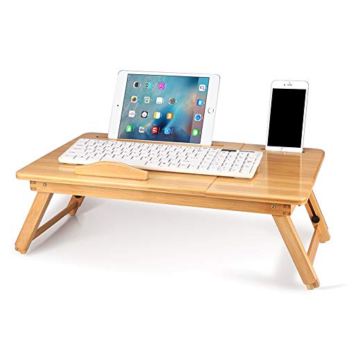 Folding Laptop Desk, Bamboo Notebook Table Dorm Desk, Bed Desk Bed Serving Tray Breakfast Table Foldable Coffee Tea Table Portable Bamboo Laptop Stand with 5 Tilting Top Angles & Drawer
