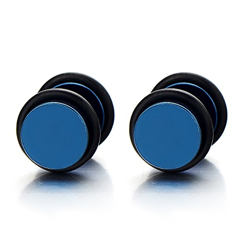 2pcs 10MM Blue Screw Stud Earrings for Men Women, Steel Cheater Fake Ear Plugs Gauges Illusion Tunnel