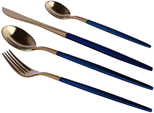 Kawasimaya 4 Pieces of Dinnerware Set for Stainless Steel Flatware Set for Cutlery Set of Forks and Spoons Spreader, Blue gold