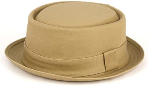 Khaki Men'S Classic Porkpie 100% Cotton Solid Fedora Stingy Brim Round Top Hat Cap