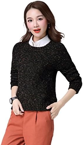 KUBITU Womens Vintage Effect Yarn Classic Round Neck Pullover Cable Sweater Medium Black