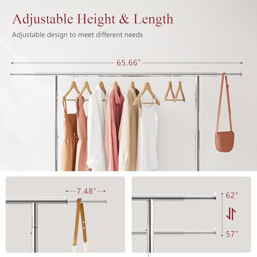 Tajsoon Heavy Duty Clothes Rack Foldable Garment Rack with Wheels and Extendable Rod, Freestanding Clothing Rack for Hanging Clothes, Adjustable ＆ Collapsible Rolling Racks with Bottom Shelf, Chrome