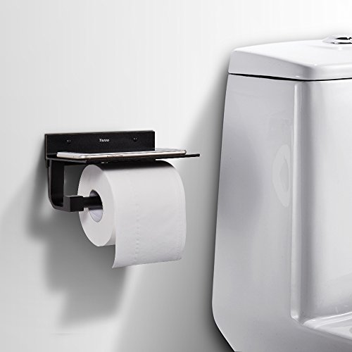YAZOO Wall Mounted Toilet Paper Holder Black Stainless Steel Roll Holder With Mobile Phone Storage Shelf Adhesive Bathroom Accessories (Black-Two ways install) - Thumbnail 6