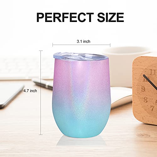 12 oz Wine Tumbler with Leakproof Lid, Stainless Steel Vacuum Insulated Wine Glasses Stemless, Spill Proof Travel Cup for Cocktails, Gift for Women, Mother, Wife, Girls, Pink-blue Gradient 1 pack