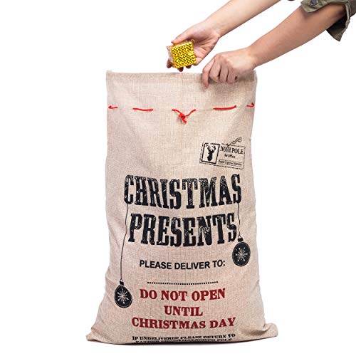 Xena 1 Piece Tan Red Black Extra Large Cotton Christmas Santa Gift Sack Bag W Drawstring 26.5 x 19 Inch Personalize Boy Girls"Christmas Presents" Hiding Spot Winter Holiday Decoration