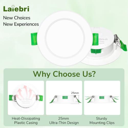Laiebri Pack de 6 Focos LED Empotrables Extra Planos 25mm, 6W 600LM Regulable 3 Intensidades sin Regulador, 2700K 4000K 6000K, IP44 Ojos de Buey LED Techo, Corte Ø58-68mm 230V, Blanco