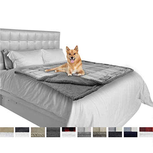 PetAmi Deluxe Dog Blanket for Large Dogs | Sherpa Fleece Pet Throw Blanket for Couch Sofa Bed | Soft Durable Reversible Furniture Protector for Medium Dog Cat Puppy – 80×60 Plaid Light Gray