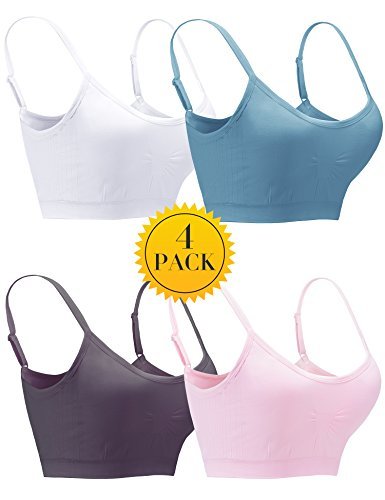 Women Seamless Bras 4 Pack Wirefree Padded Pullover Bra Stretchy Bralette (Blue/Grey/Pink/White,M)