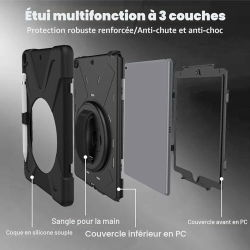 Gerutek Shockproof Case for iPad 9th/8th/7th Generation, 10.2 Inch, Rugged Armor Case with Rotating Stand, Hand Strap & Shoulder Strap, Pen Holder, Sleeve for iPad 10.2 Inch (2021/2020/2019), Black