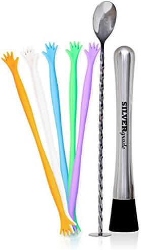 Cocktail Muddler and Mixing Spoon By SILVERgrade, Stainless Steel 18/8,, Includes 5 Drink Stirrers