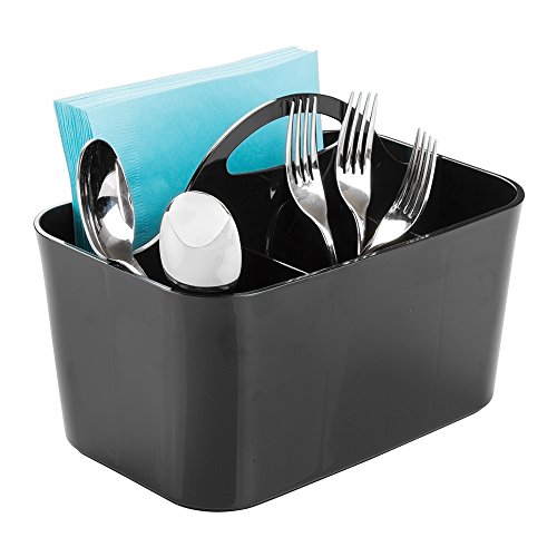 mDesign Kitchen Cabinet Divided Cutlery Storage Caddy Bin - BPA Free - 4 Section Tote with Built-In Handle for Organizing Forks, Knives, Spoons, Napkins - Black