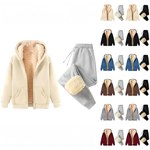 Co Ords Sets for Women UK, Fleece Lined Hoodie & Joggers, Winter Thermal Casual Loungewear Set, Cozy Soft Two Piece Outfit for Cold Weather