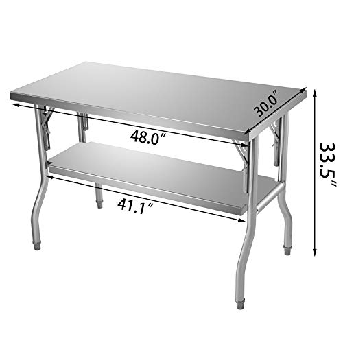 VEVOR Commercial Worktable Workstation 48 x 30 Inch Folding Commercial Prep Table, DoubleShelf