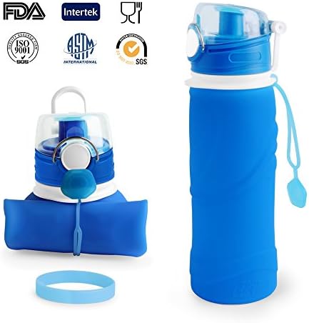 Collapsible Foldable Sports Water Bottle 750ML with Sports Wristband Bracelet Leak Proof 100% BPA Free, PDA approved, Medical grade silicone, for Outdoors, Camping, Biking and Traveling(Blue)