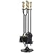 AMAGABELI GARDEN & HOME Fireplace Tools Set 5 Pieces Log Gold Handle Wrought Iron Fire Set with Stand Holder Fireset Fire Pit Indoor Outdoor Tongs Shovel Brush Poker Wood Stove Hearth Accessories