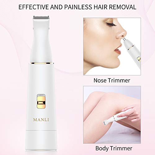 Facial Hair Removal for Women, MANLI 4 in 1 IPX 6 Waterproof Painless Lady Grooming Kit With Facial Hair Remover, Body Shaver, Nose Hair and Eyebrow Trimmer, USB Rechargeable Trimmer【Upgrade Motor】