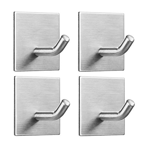 FOMANSHHeavy Duty Adhesive Hooks, Stick on Wall Adhesive Hangers, Strong Stainless Steel Holder, Self Adhesive Hooks for Kitchen Bathroom Home Door Towel Coat Key Robe 4 Packs Silver