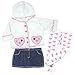 15 Inch Baby Doll Outfit, Pink Heart Print Tights, Denim Skirt and Casual Hooded Coat Fits 15 Inch and 18 Inch American Girl Dolls, 3 Piece Set of Doll Tights, Coat & Denim Skirt
