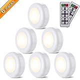 LED Closet Lights Elfeland Battery Powered Push Light with Remote Control Timer Function Brightness Adjustable Wireless Puck Lighting for Cabinet Kitchen Hallway Bedroom Counter(Warm White, 6 Pack)