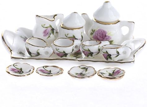 Bitty Tea Set with Rose Floral Pattern for Dollhouse Decor, Miniature Displays and Tea Set Collectors