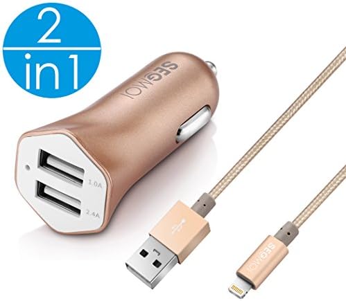 2in1 SEGMOI [Apple MFi Certified] 3Ft/1M Lightning Braided Cable + 3.4A Car Charger for iPhone X 8 8Plus 7 7 Plus 5 5S SE 6 6S 6Plus iPad 3 Air Pro Mini iPod (Car Kit-Gold)
