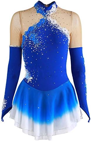 LINGXU Figure Skating Dress for Girls, Handmade Ice Skating Competition Costume with Crystals and Appliques Long Sleeved Roller Skate Dress Blue