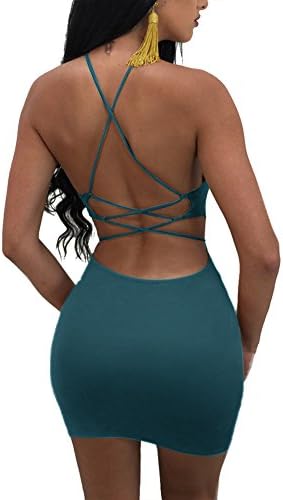 MISFONDLE Women's Sexy Bodycon Backless Spaghetti Lace up Mini Club Dress Blue Green