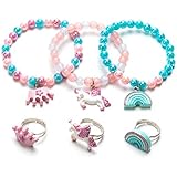 Unicorn Bracelet Ring Set - Rainbow Bracelet Shiny Crown Bracelet for Toddler Girls - Little Girl Jewel Rings Set Girl Pretend Play and Dress Up Rings