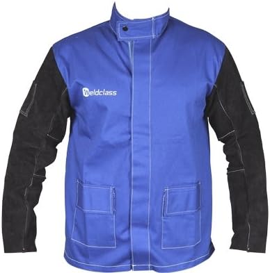Taipan Abrasives WC-04653 Weldclass Promax FR Welding Jacket, Fire Retardant with Leather Sleeves, Blue, Medium