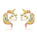 VINJEWELRY Kids Round Colorful Unicorn Pendant Necklace with Gold Chain and Girls Little Horse Earrings Studs Jewelry Set
