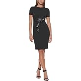Calvin Klein Womens Short Sleeve Leather Waist Belt Mini Crepe Sheath Dress
