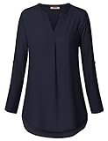 Timeson Business Casual Tops For Women, Ladies Lightweight Long Sleeve Chiffon Blouse V Neck Pleats Tunic Shirt Deep Blue XL