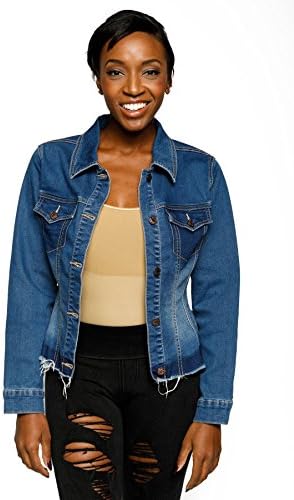 Hadari Women's Casual Fitted Frayed Hem Button Down Collared Denim Jacket