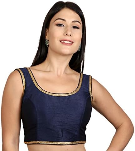 Women's Art Silk Solid Sleeveless Readymade Saree Blouse (R434-NAVY_42_Blue_X-Large)