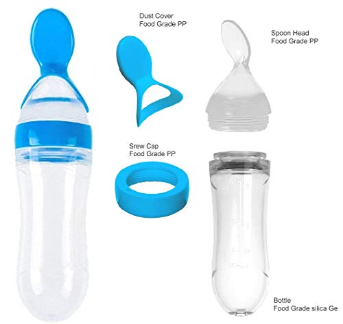 Gedebey Baby Food Feeder, Pacifier Fruit- Fresh Silicone Bottle Squeeze Spoon Frozen Fruit Teething Pacifiers Nibbler Hygienic Cover Newborn Teeth with Meshes Sizes for Baby Food Spoon (Blue)