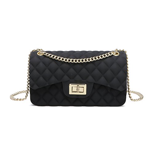 Women Shoulder Bag Jelly Clutch Handbag Quilted Crossbody Bag with Chain (Black S)