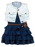 Happy Little Girls' 2Piece White Vest and Denim Cake Dress with Belt Set 3T blue
