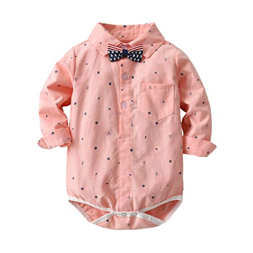 Baby Boys Gentleman Outfit Suits,Infant Toddler Boys Pants Set,Long Sleeve Romper Shirt+Suspender Pants+Bow Tie 4Pcs Clothing Set (Pink Ship, 9-12M/80)