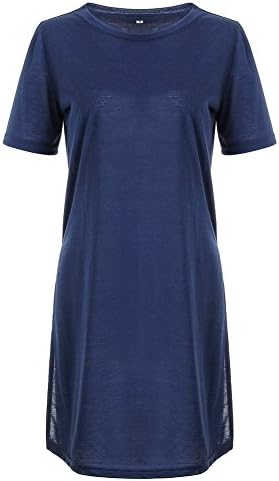 Women Fashion Causal Loose Split Solid Women Dress Summer Ladies Girls O-Neck Short Sleeves Mini Dress (Large, Dark Blue)