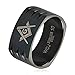 Masonic Black Plated 10mm Stainless Steel Round Square Band Ring - Size 8-13