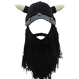 FREE FISHER Unisex Knitted Viking Beanie Funny Hat With Detachable Beard Black