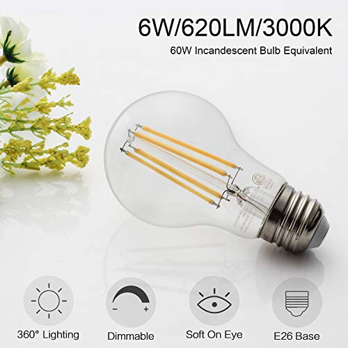 A19 LED Edison Bulb Dimmable 6W LED Filament Light Bulbs 60W Incandescent Equivalent Led Vintage Bulb 3000K Soft White 620LM E26 Medium Base Decorative Clear Glass for Home, Office, Cafes, 6 Pack