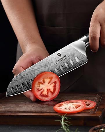 SANMEIHO Powder Steel Kitchen Knife, Japanese Chef's Knife, Santoku Knife, 18 cm, Professional Chef's Knife with High Carbon Content, Sharp Kitchen Knife with Ergonomic Pakka Wood Handle