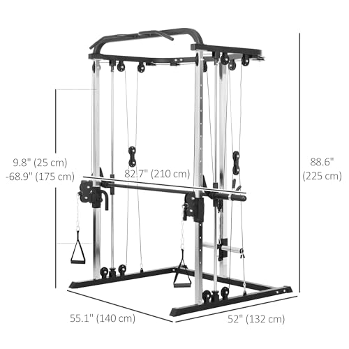 Soozier 3 in 1 Smith Machine, Multi-Functional Power Cage with Cable Crossover System, Pull up Station, 16-Level Squat Rack and Barbell Bar, Home Gym Machine
