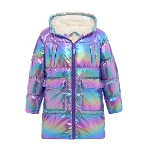 Cutemile 5-12 Years Girls Winter Long Fleece Coat Parka Metallic Puffer Jacket Outwear with Hooded