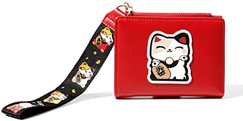 gu6uesa8n Wallet for Women Lucky Cat Bifold Coin Purse Card Cash Holder Faux Leather Short - Red
