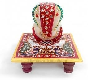 Asha Enterprises Marble Ganesh Chaturthi Special Ganesh Murti Ganesh Ji Statue Ganpati with Chowki and Beautiful Rajasthani Meenakari Painting on it (2.5" Ganesha & 4" Chowki)