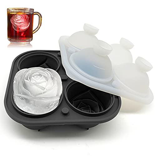 Rose Ice Cube Trays,HIGHMON Silicone Reusable 4X2.3inch Large Ice Balls Maker Mold with Lid And Build-In Funnel,Craft Flower Shape for Cocktails Freezer Whiskey Bourbon DIY Homemade Juice